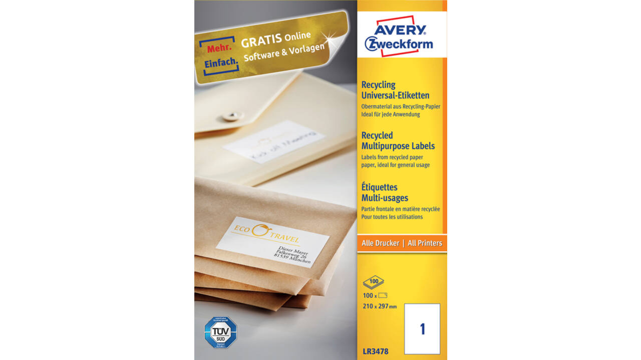 Etiket Avery Zweckform LR3478 210x297mm A4 recycled wit 100stuks