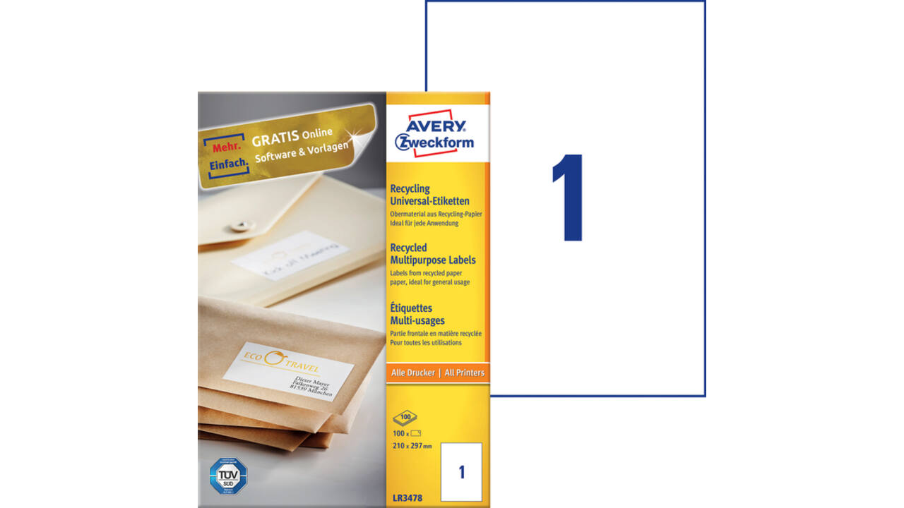 Etiket Avery Zweckform LR3478 210x297mm A4 recycled wit 100stuks