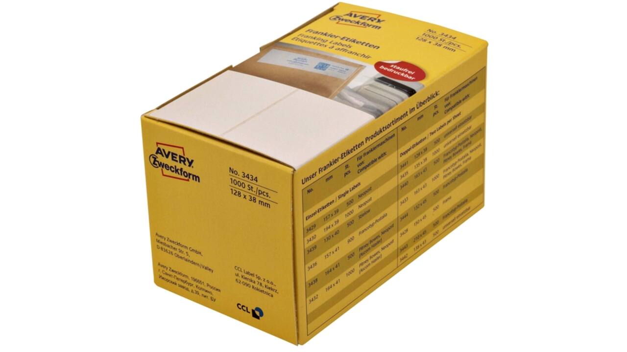 Frankeeretiket Avery Zweckform 3434 128 x38mm 1000 etiketten