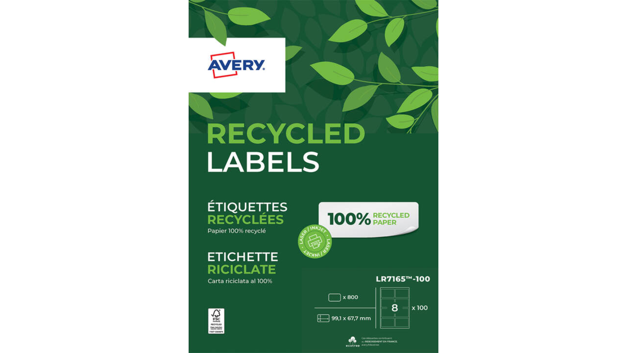 Etiket Avery LR7165-100 99.1x67.7mm recycled wit 800stuks