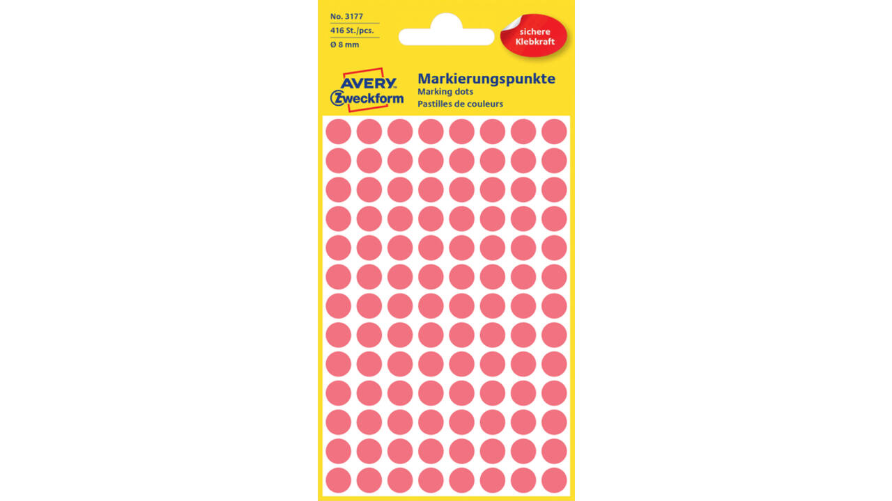 Etiket Avery Zweckform 3177 rond 8mm lichtrood 416stuks