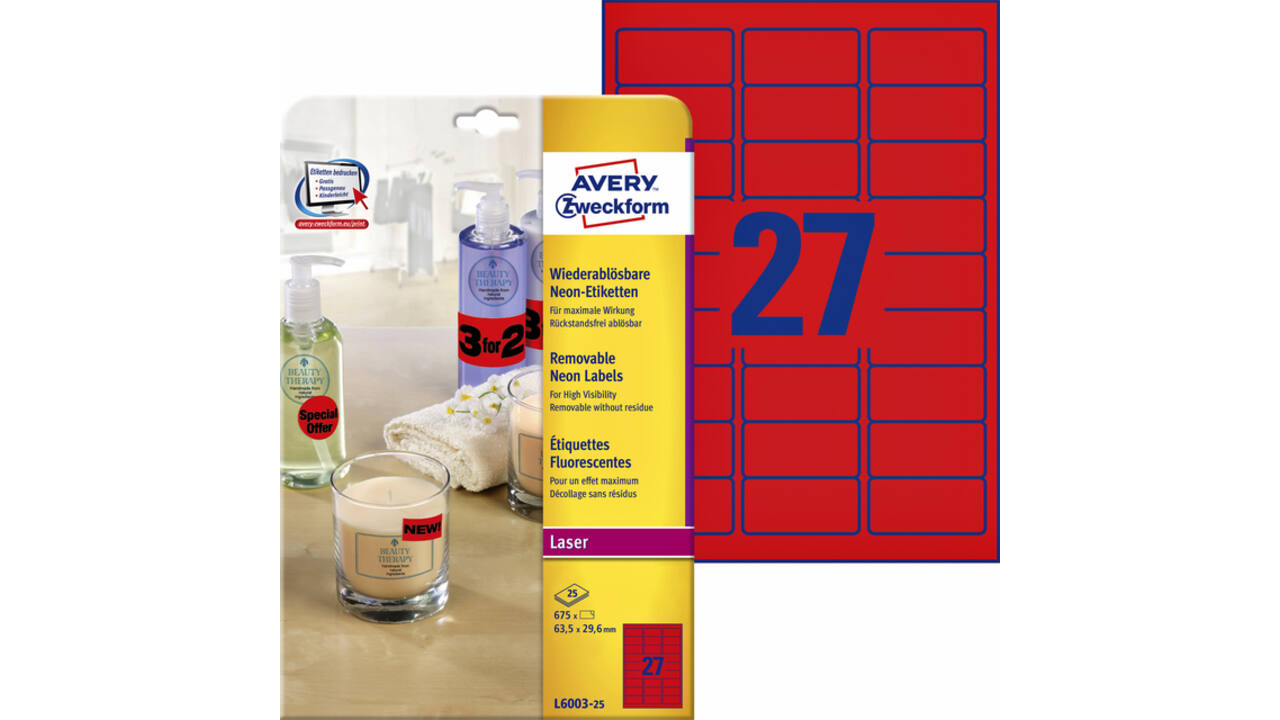 Etiket Avery L6003-25 63.5x29.6 neon rood 675stuks