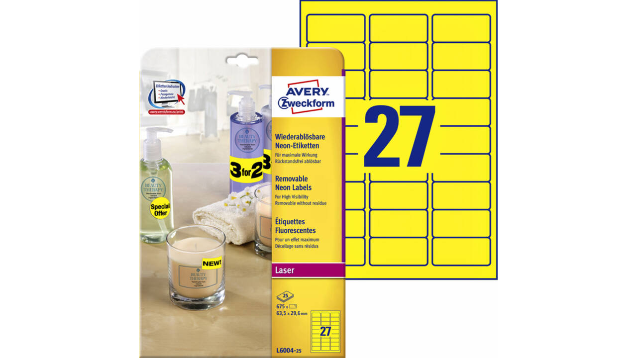Etiket Avery L6004-25 63.5x29.6 neon geel 675stuks
