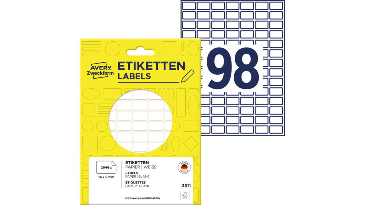 Etiket Avery Zweckform 3311 16x9mm wit 2646stuks