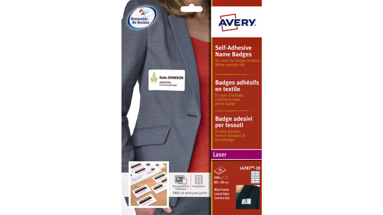 Naambadge etiket Avery L4787-20 80x50mm blauw kader 200stuks