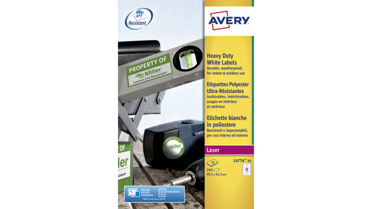 Etiket Avery L4776-20 99.1x42.3mm polyester wit 240stuks