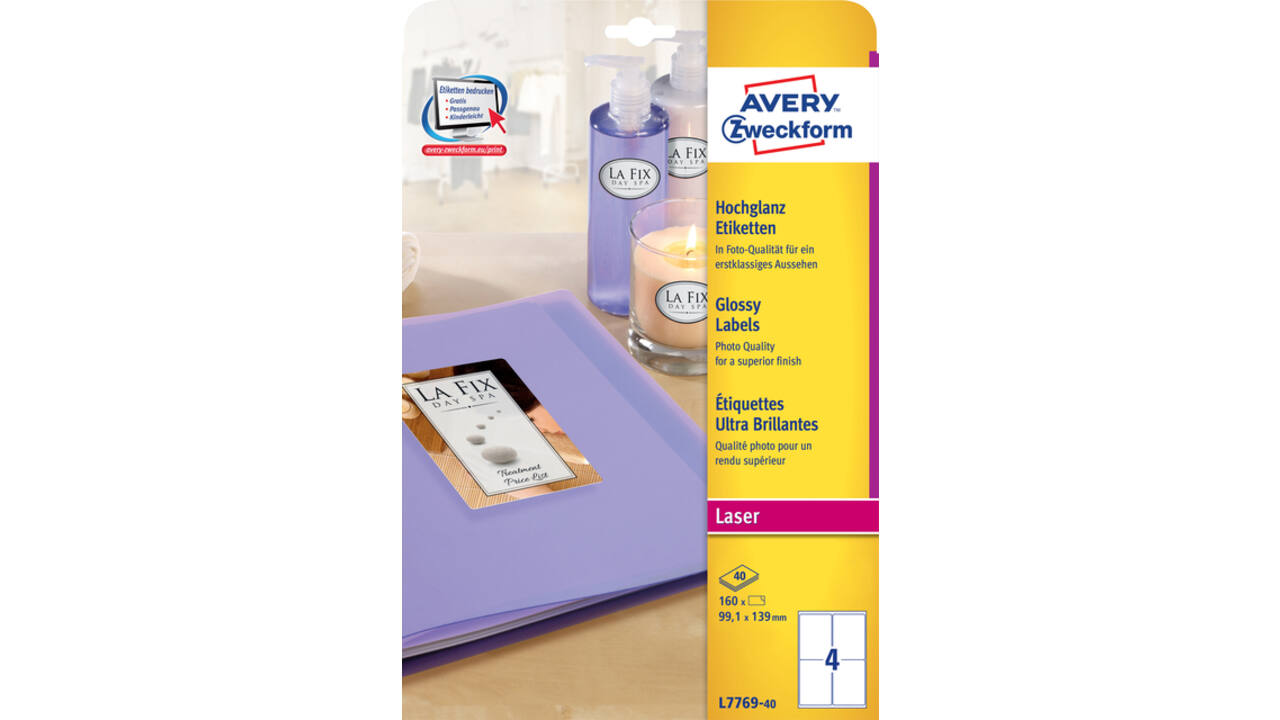 Etiket Avery Zweckform L7769-40 99.1x139mm hoogglans wit 160stuks
