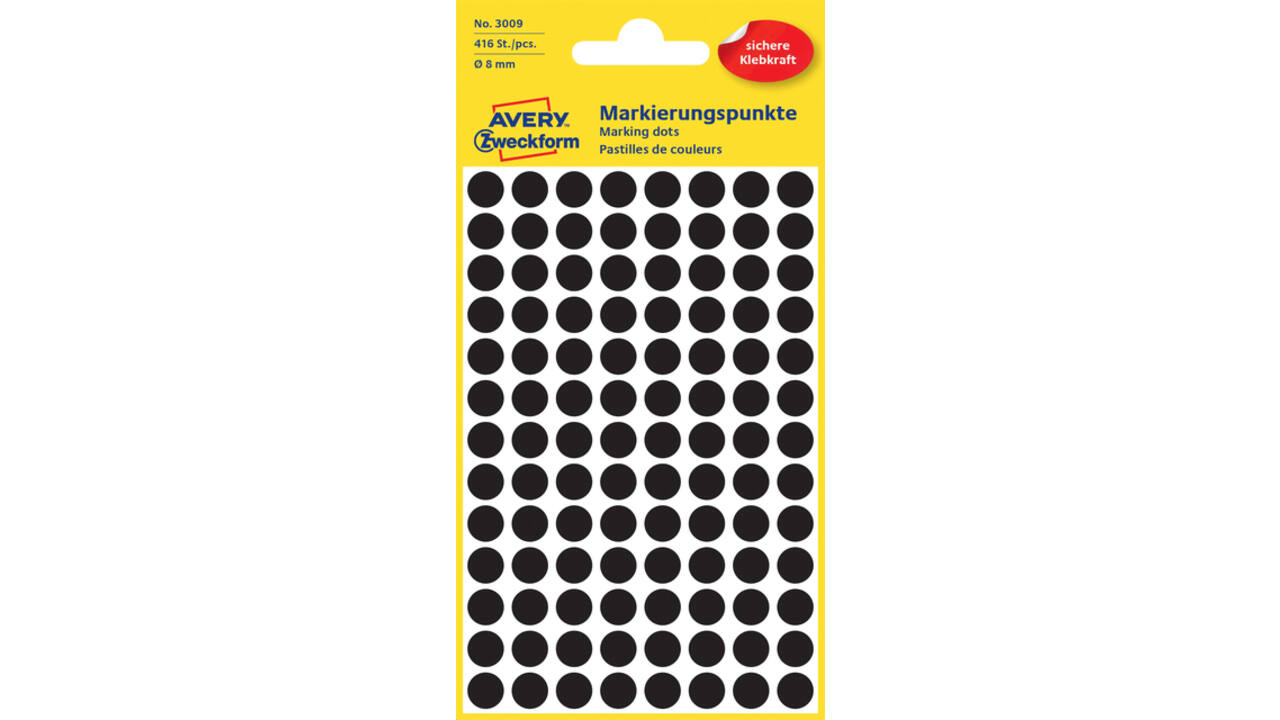 Etiket Avery Zweckform 3009 rond 8mm zwart 416stuks