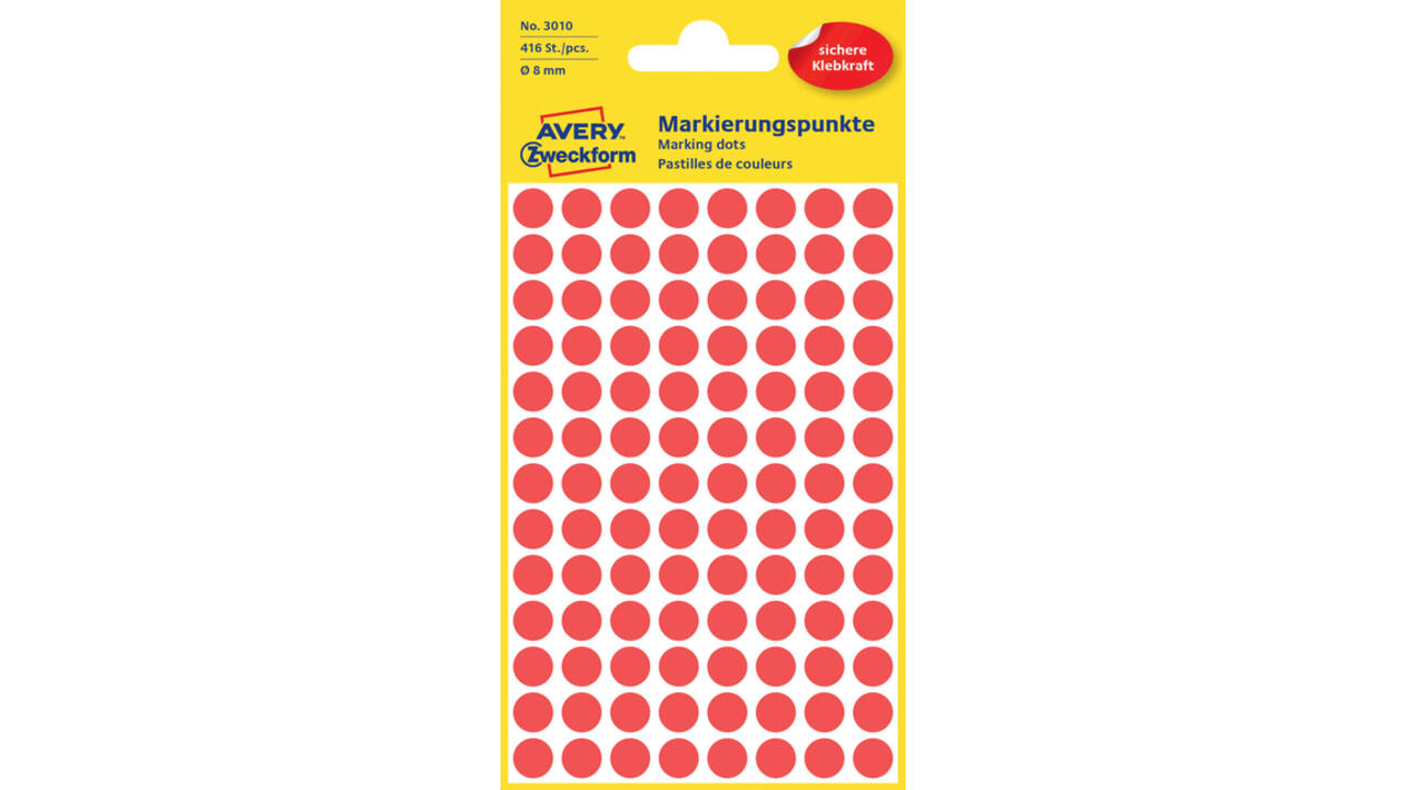 Etiket Avery Zweckform 3010 rond 8mm rood 416stuks