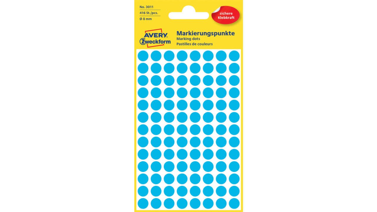 Etiket Avery Zweckform 3011 rond 8mm blauw 416stuks