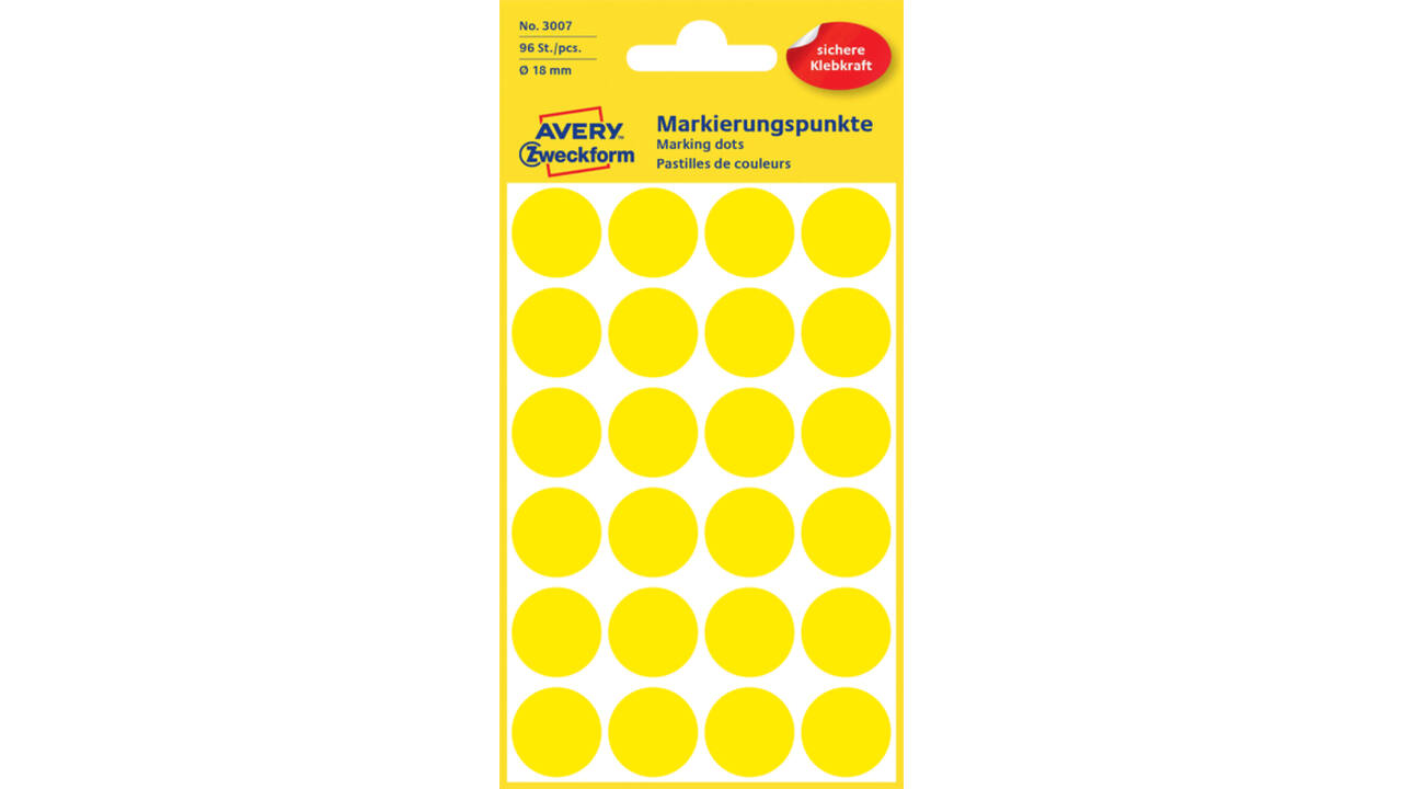 Etiket Avery Zweckform 3007 rond 18mm geel 96stuks