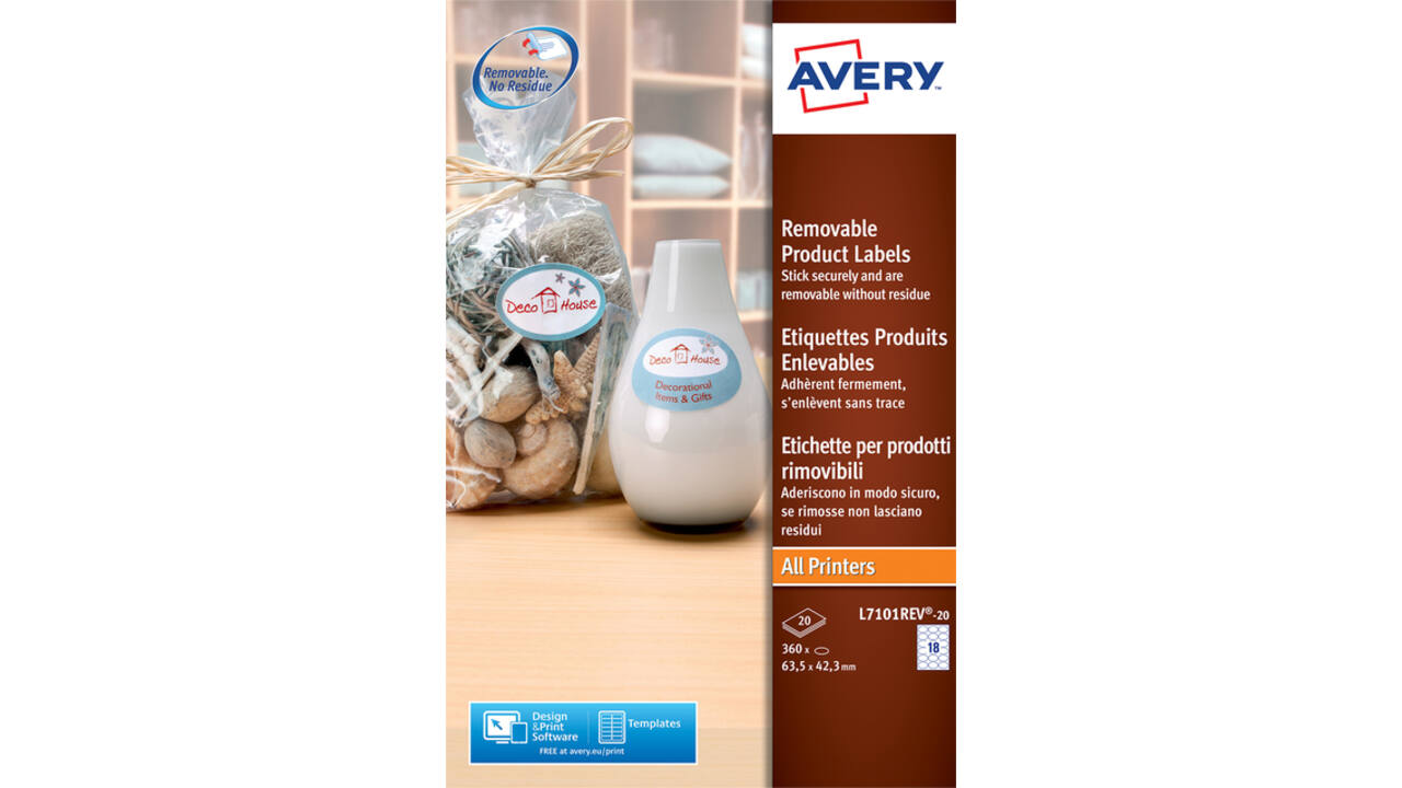 Etiket Avery L7101REV-20 63.5x42.3mm afneembaar mat wit 360stuks