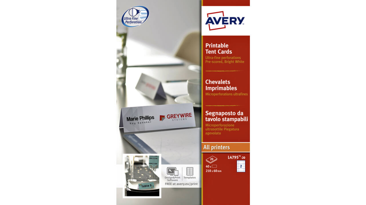 Tafelnaambord Avery L4795-20 180x60mm wit 40stuks