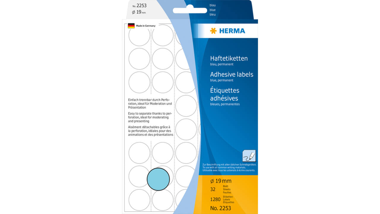 Etiket HERMA 2253 rond 19mm blauw 1280stuks