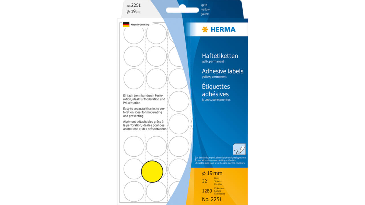 Etiket HERMA 2251 rond 19mm geel 1280stuks