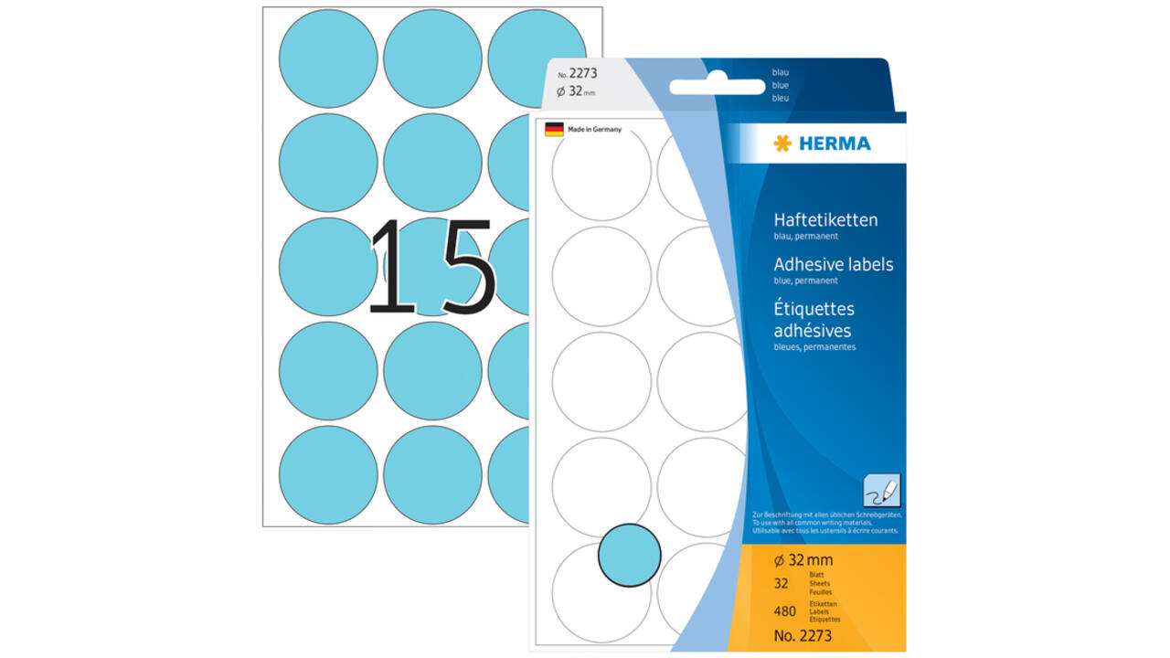 Etiket HERMA 2273 rond 32mm blauw 480stuks