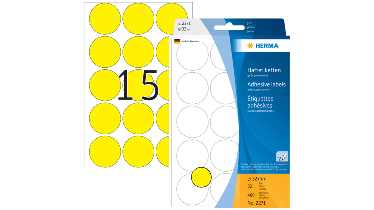 Etiket HERMA 2271 rond 32mm geel 480stuks