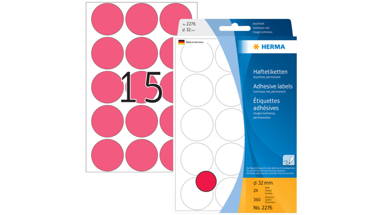 Etiket HERMA 2276 rond 32mm fluor rood 360stuks
