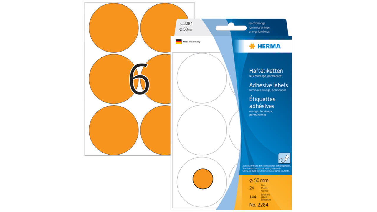 Etiket HERMA 2284 rond 50mm fluor oranje 144stuks