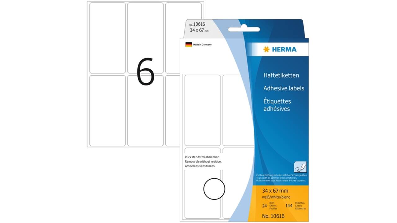 Etiket HERMA 10616 34x67mm verwijderbaar wit 144 stuks