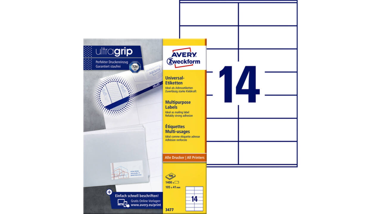 Etiket Avery Zweckform 3477 105x41mm wit 1400stuks