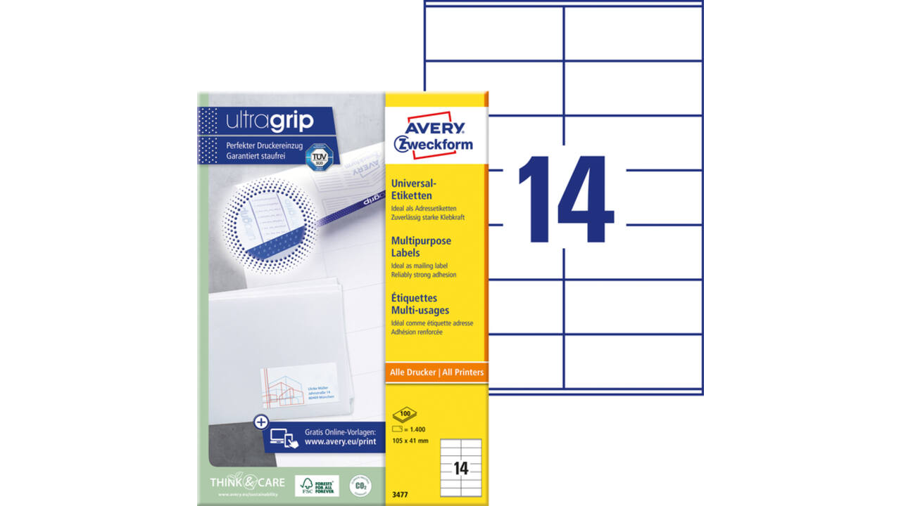 Etiket Avery Zweckform 3477 105x41mm wit 1400stuks