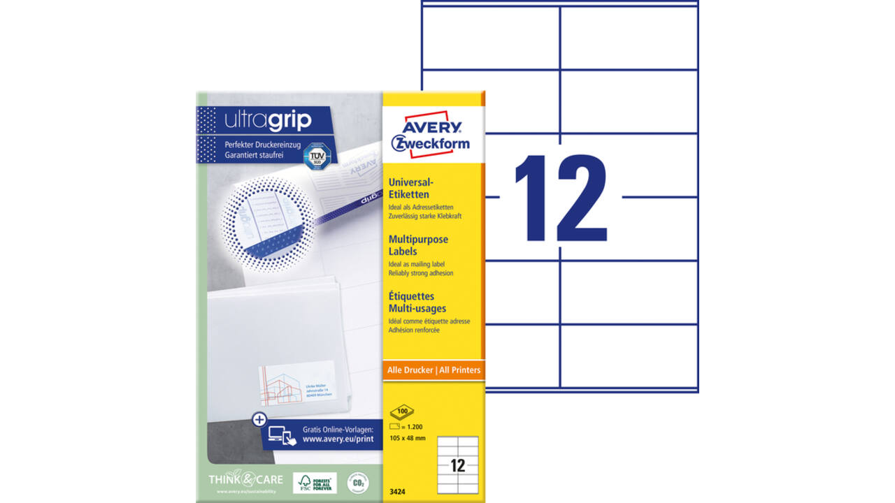 Etiket Avery Zweckform 3424 105x48mm wit 1200stuks