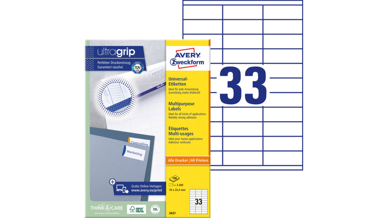 Etiket Avery Zweckform 3421 70x25.4mm wit 3300stuks