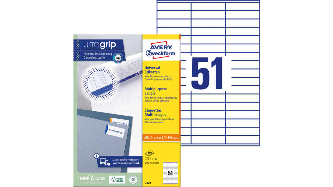Etiket Avery Zweckform 3420 70x16.9mm wit 5100stuks