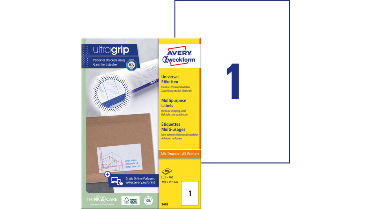 Etiket Avery Zweckform 3478 210x297mm A4 wit 100stuks
