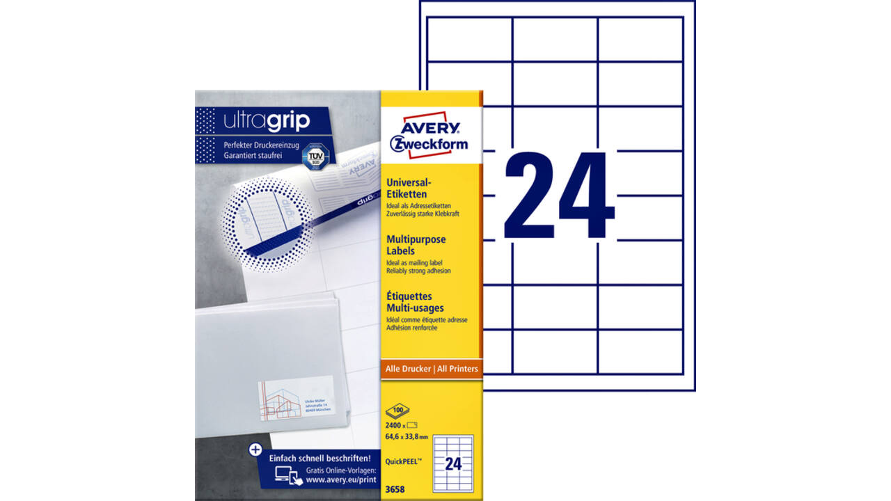Etiket Avery Zweckform 3658 64.6x33.8mm wit 2400stuks