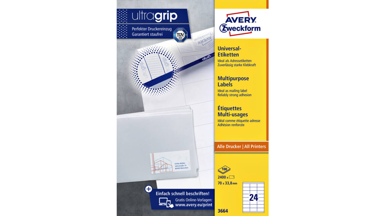 Etiket Avery Zweckform 3664 70x33.8mm wit 2400stuks
