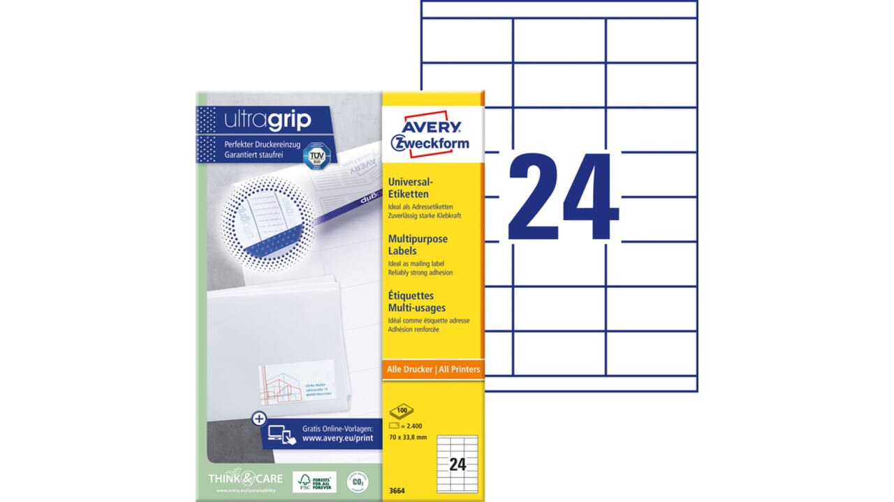 Etiket Avery Zweckform 3664 70x33.8mm wit 2400stuks
