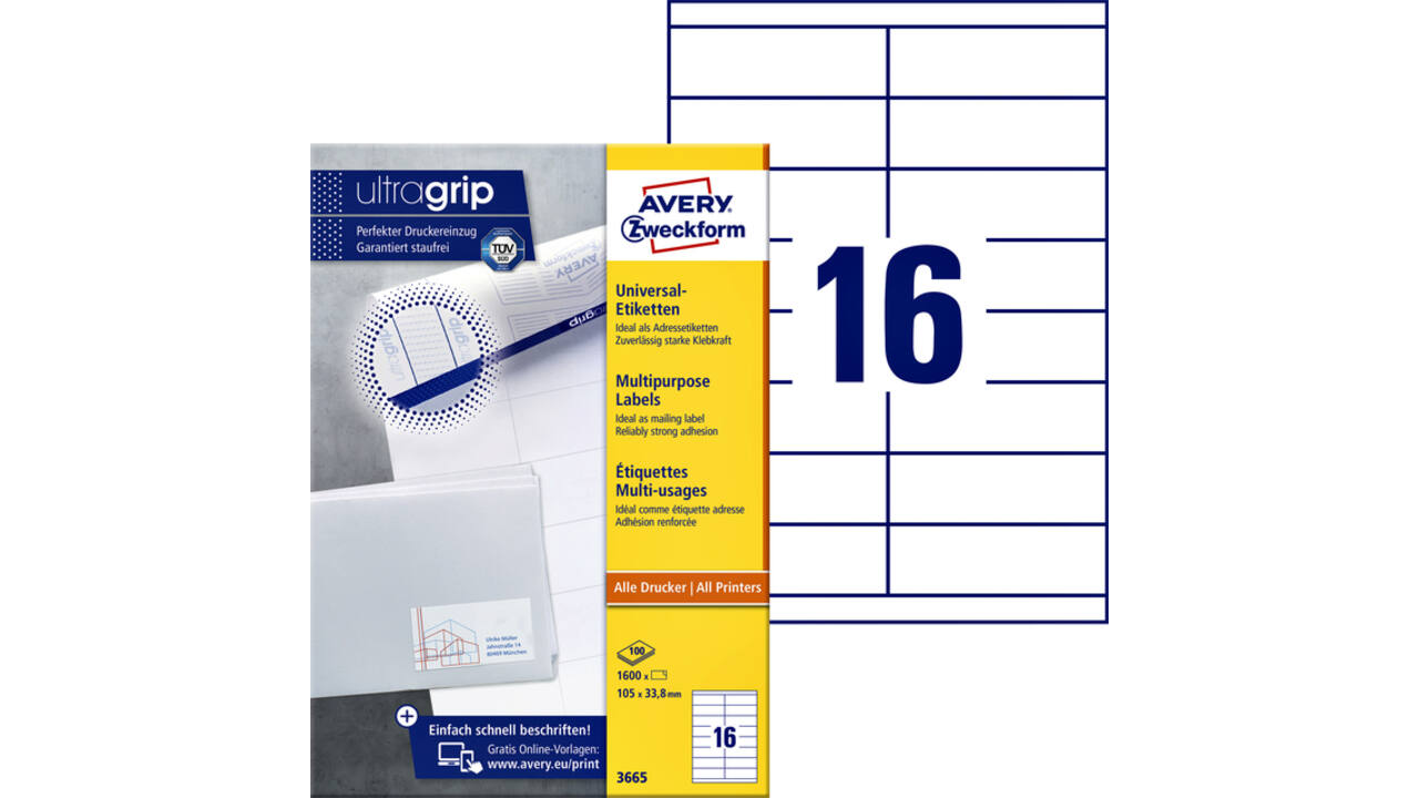 Etiket Avery Zweckform 3665 105x33.8mm wit 1600stuks