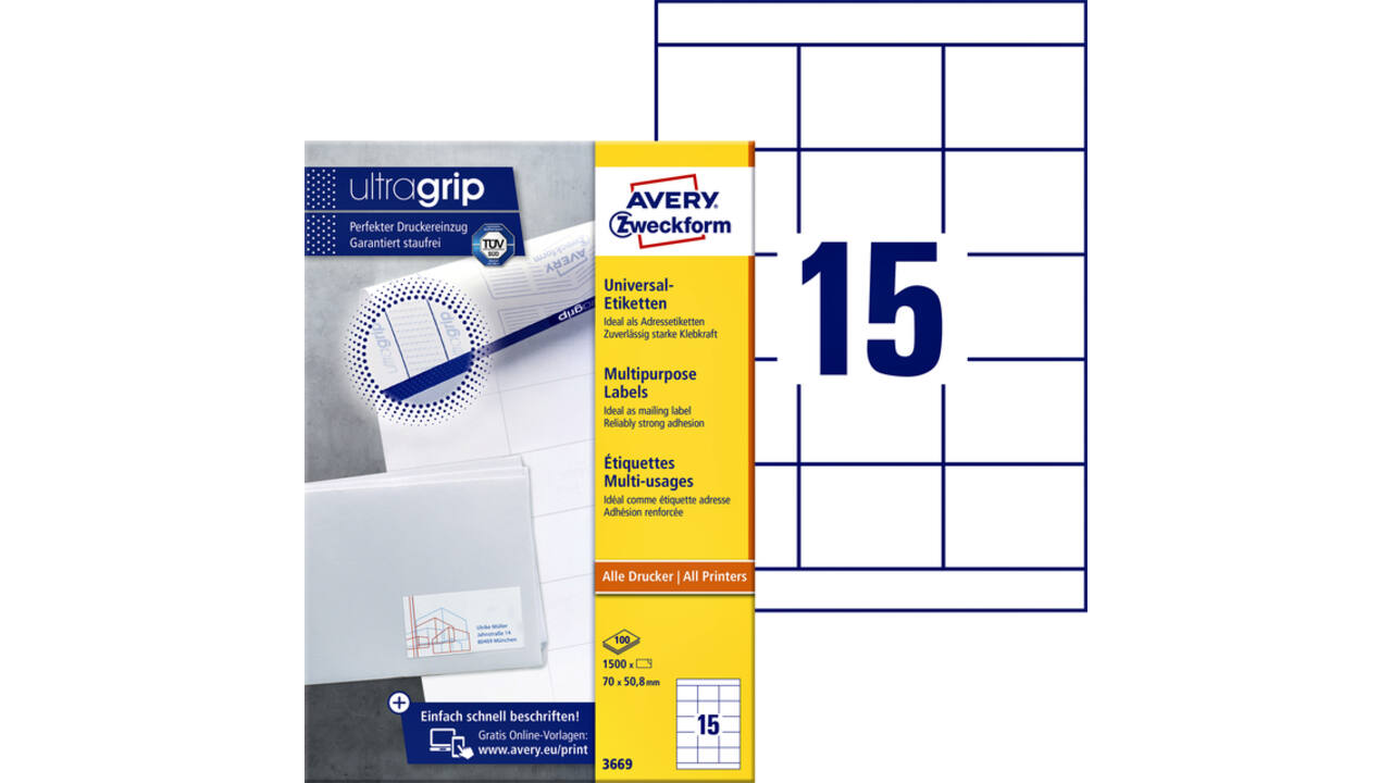 Etiket Avery Zweckform 3669 70x50.8mm wit 1500stuks