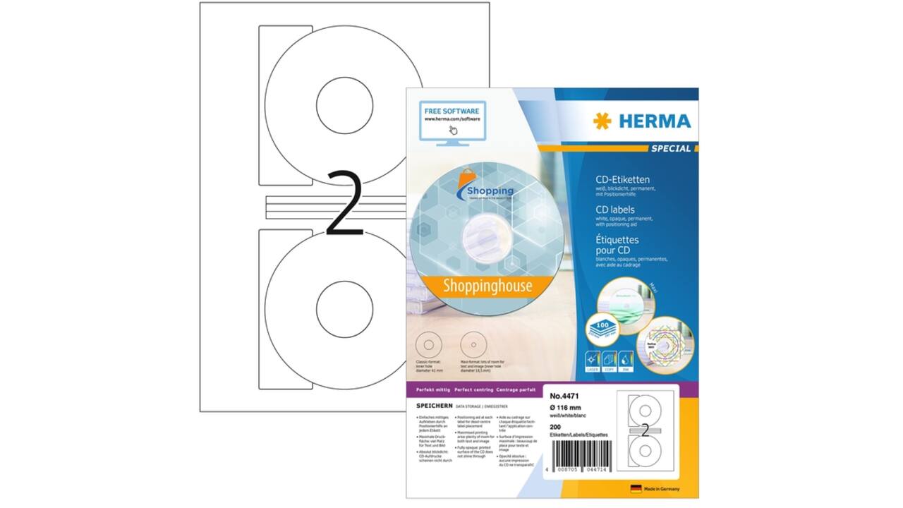 Etiket HERMA 4471 CD 116mm wit opaqua 200stuks
