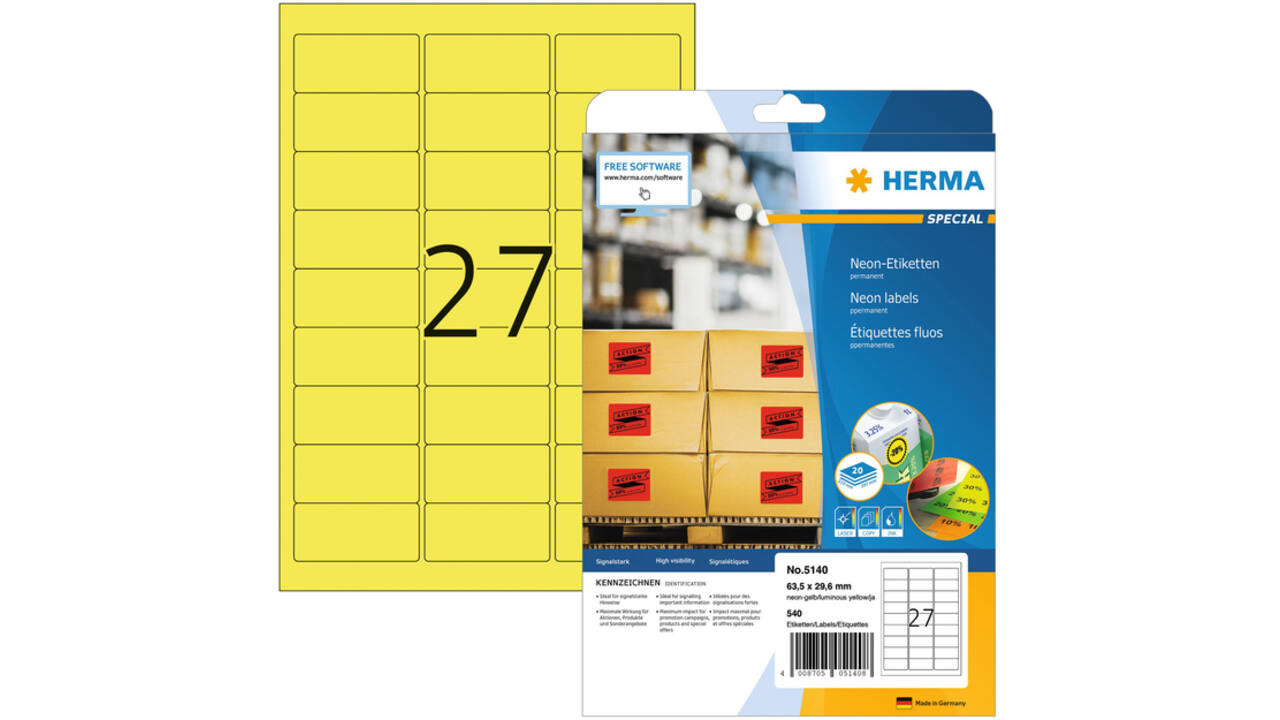 Etiket HERMA 5140 63.5x29.6mm neongeel 540stuks