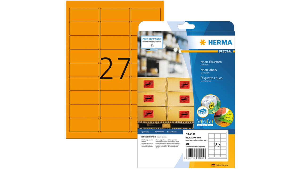 Etiket HERMA 5141 63.5x29.6mm neonoranje 540stuks