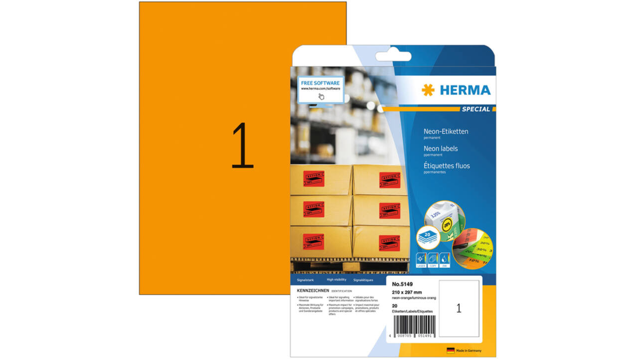 Etiket HERMA 5149 210x297mm A4 fluor oranje 20stuks