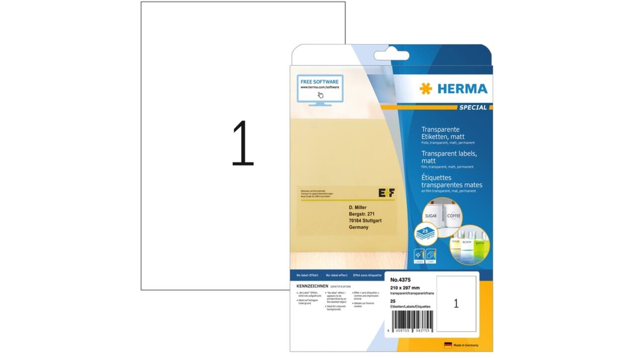 Etiket HERMA 4375 210x297mm A4 transparant 25stuks