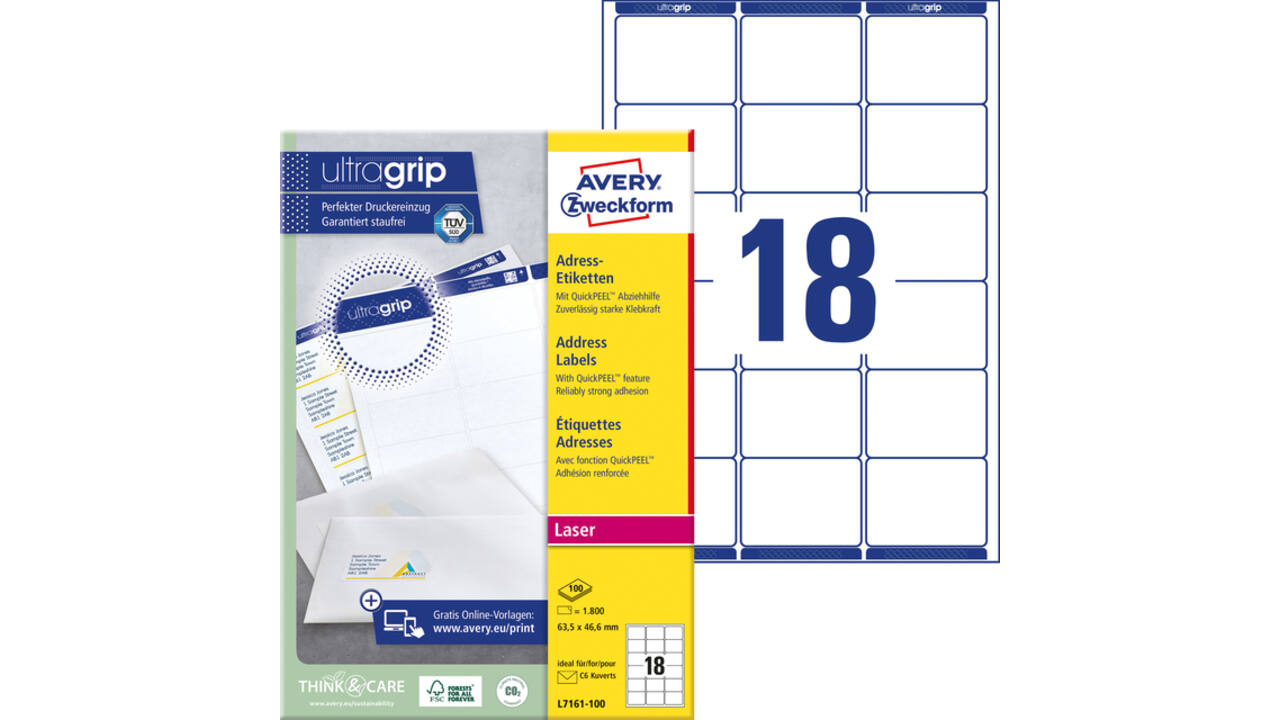 Etiket Avery L7161-100 63.5x46.6mm wit 1800stuks