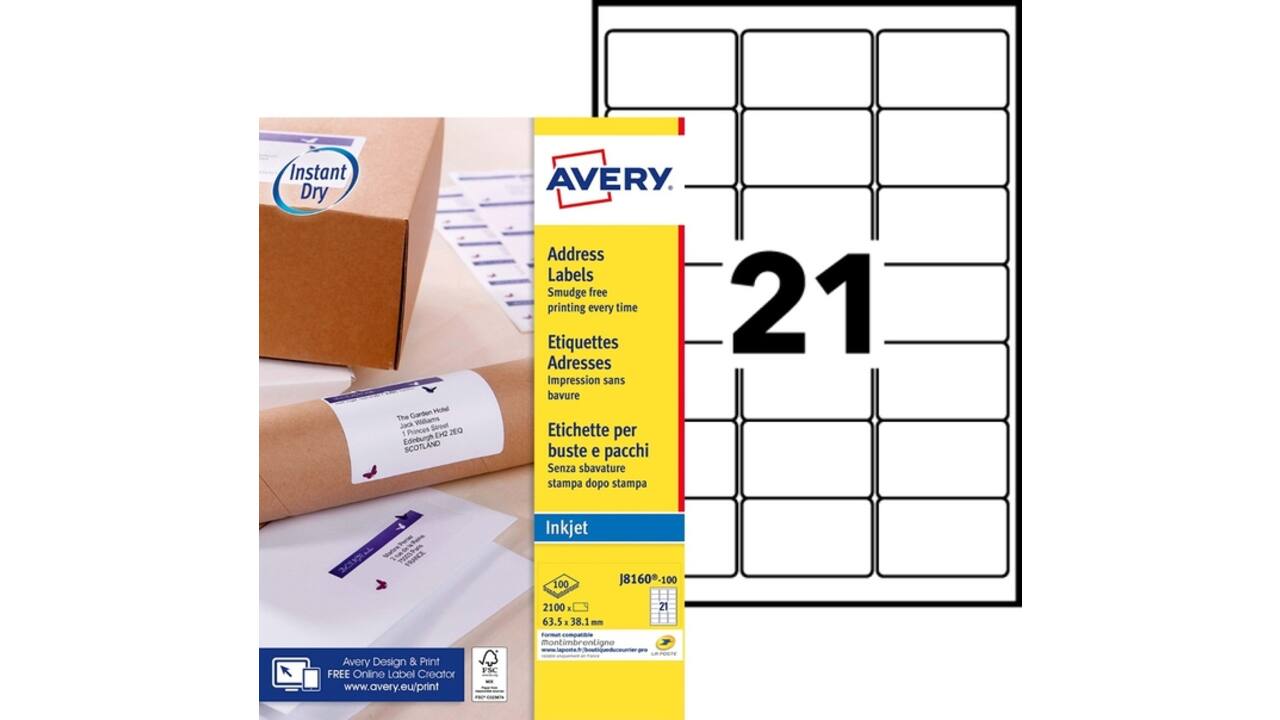 Etiket Avery J8160-100 63.5x38.1mm wit 2100stuks
