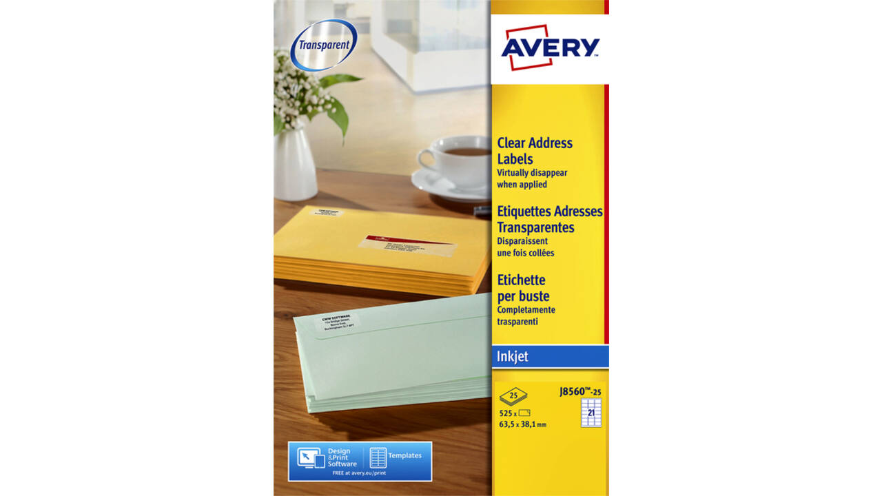Etiket Avery J8560-25 63.5x38.1mm transparant 525stuks