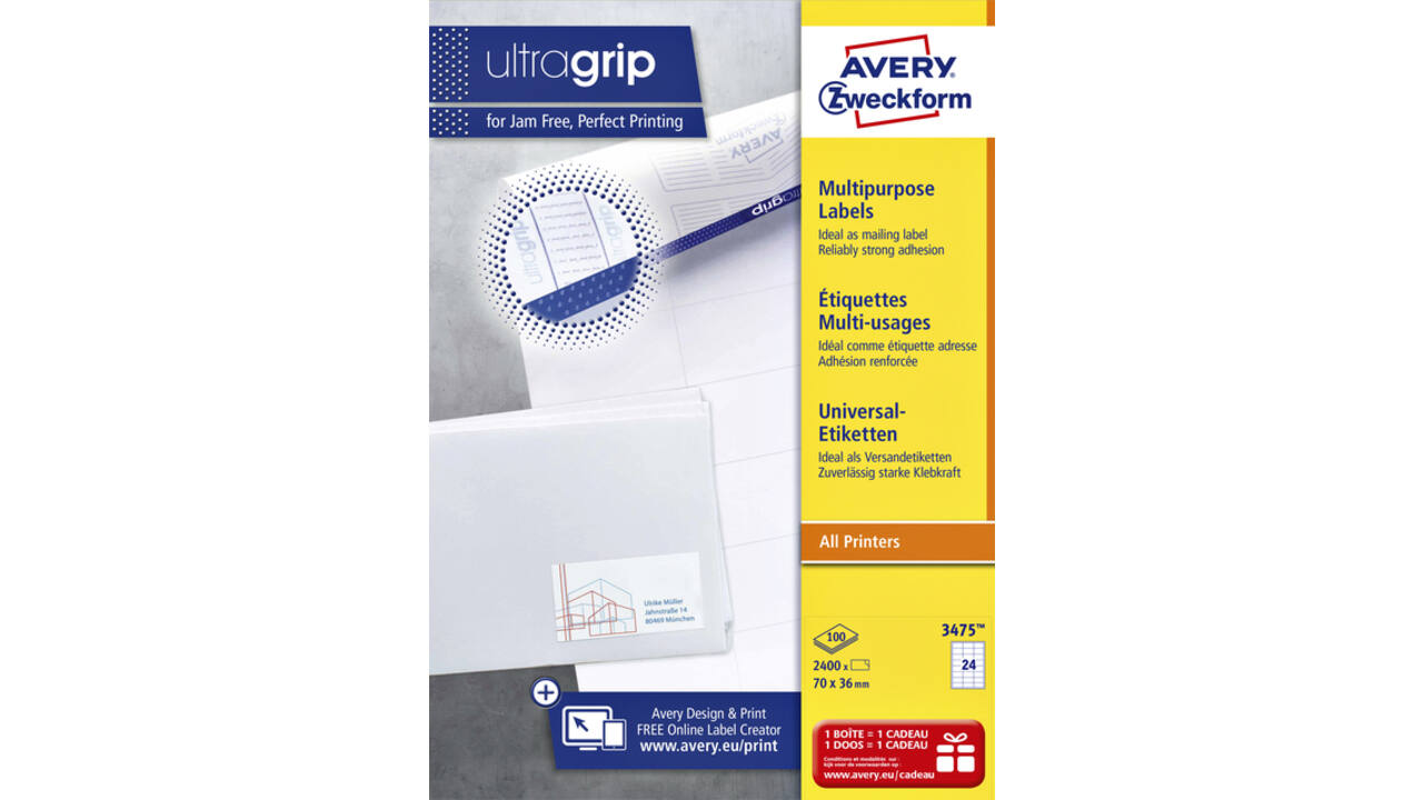 Etiket Avery Zweckform 3475 70x36mm wit 2400stuks
