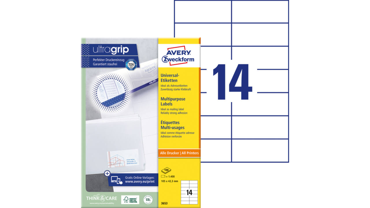 Etiket Avery Zweckform 3653 105x42.3Mm wit 1400stuks