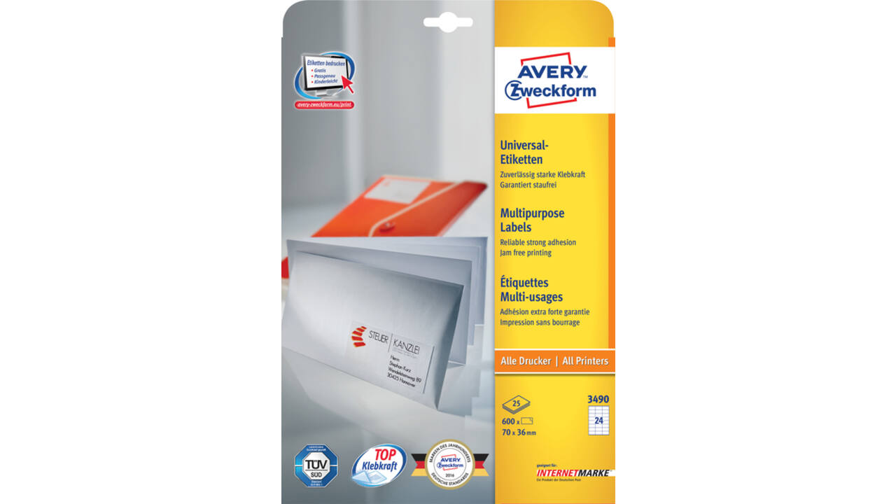 Etiket Avery Zweckform 3490 70x36mm wit 600stuks