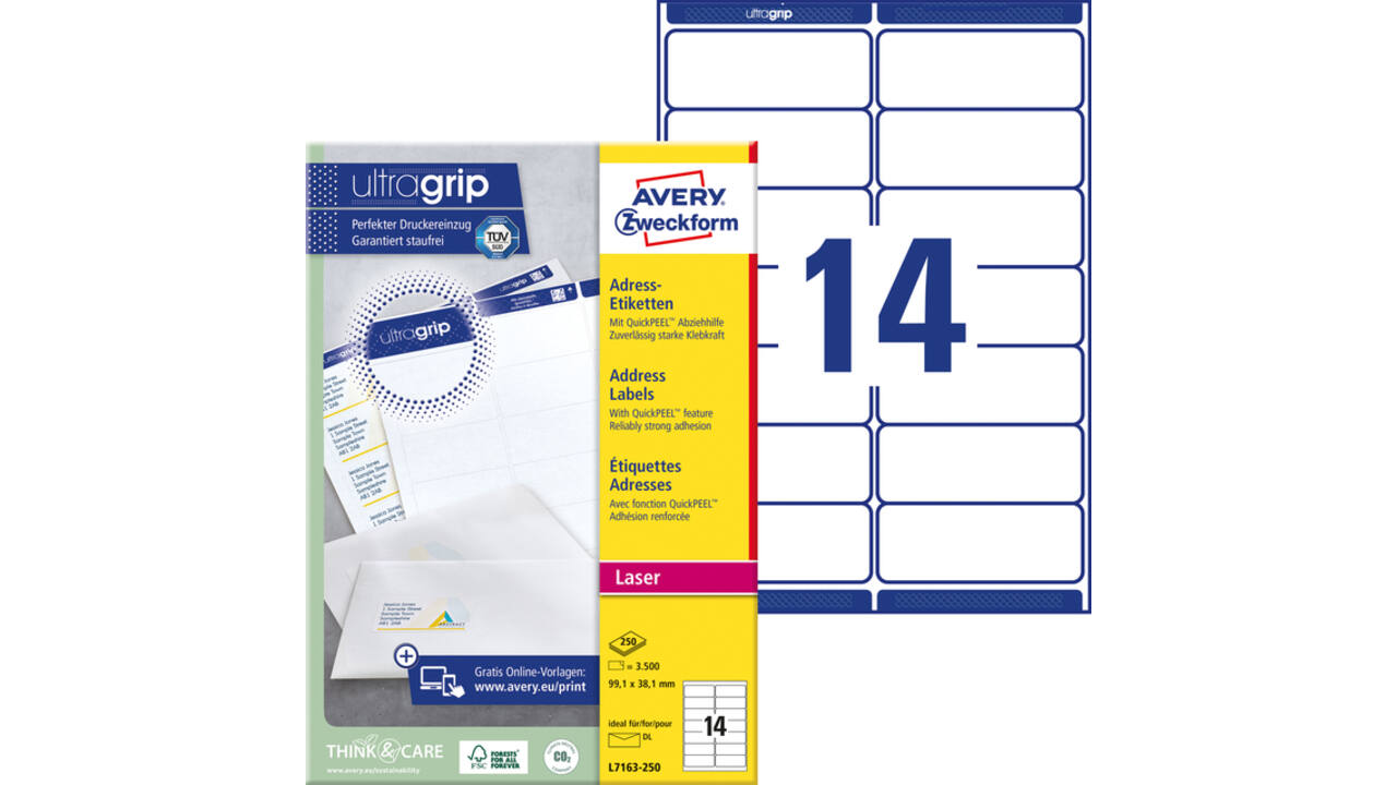 Etiket Avery L7163-250 99.1x38.1mm wit 3500stuks
