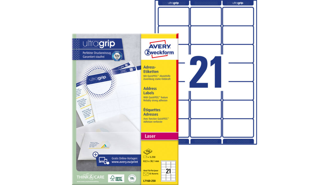 Etiket Avery L7160-250 63.5x38.1mm wit 5250stuks
