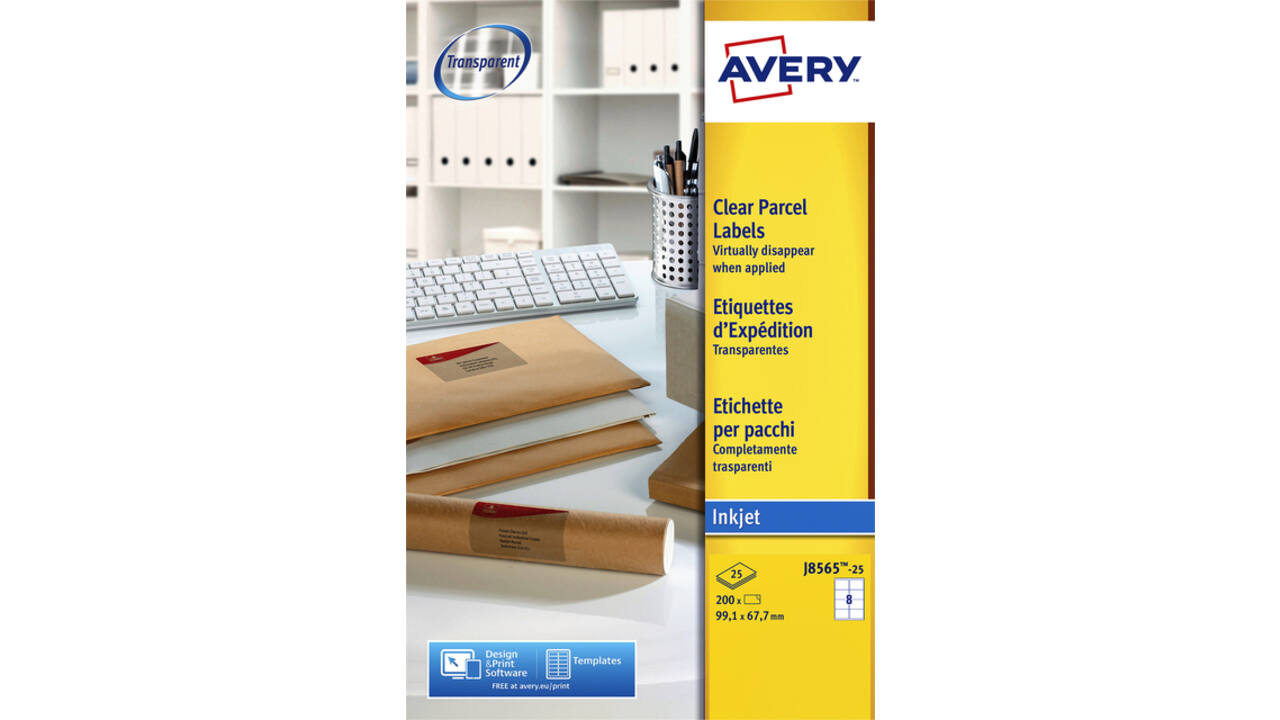 Etiket Avery J8565-25 99.1x67.7mm transparant 200stuks