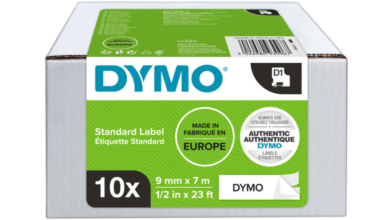 Labeltape Dymo LabelManager D1 polyester 9mm zwart op wit 10 stuks